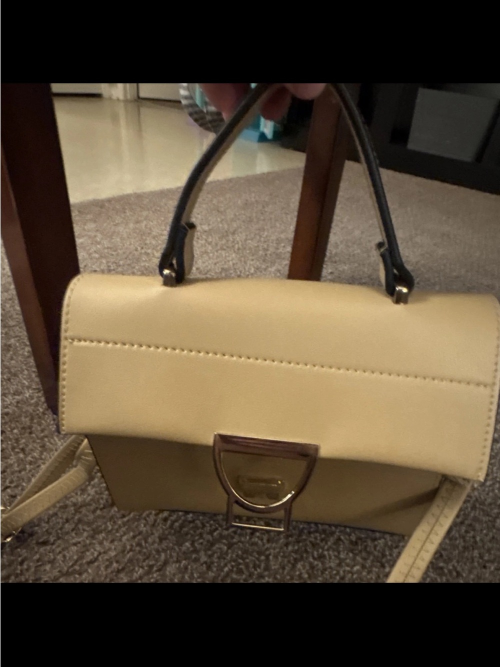 Structured Cream Top-Handle Satchel with Gold Accent